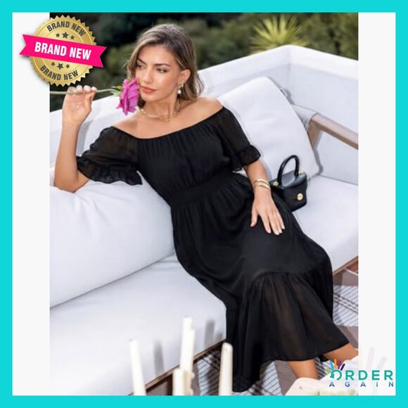 Boho Off Shoulder Midi Dress Ruffle Sleeve Smocked Elastic Waist Flowy Summer - Picture 3 of 7